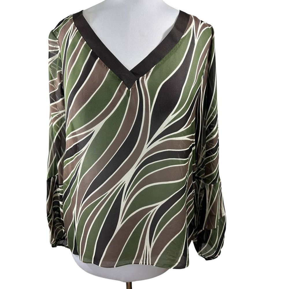 Elie Tahari‎ Women's SZ L Luxury Silk Sheer Patterned Blouse Green Brown White